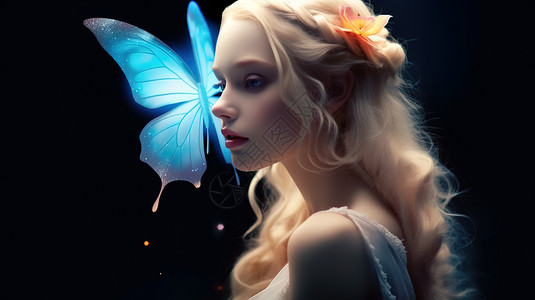 蓝色蝴蝶和精灵少女图片