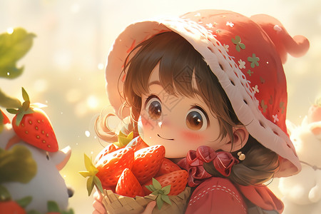 美味奇缘人物抱着草莓的可爱小女孩卡通插画
