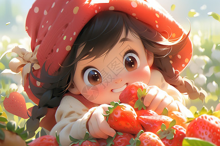 抱着草莓的卡通可爱小女孩背景图片