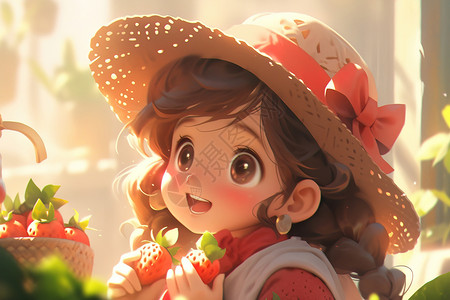 双手拿着草莓的可爱小女孩卡通插画背景图片