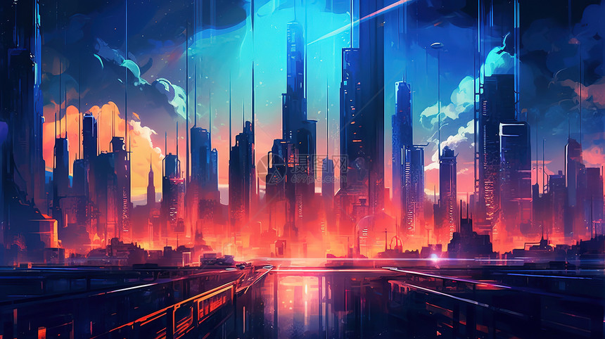 未来主义霓虹灯城市景观图片