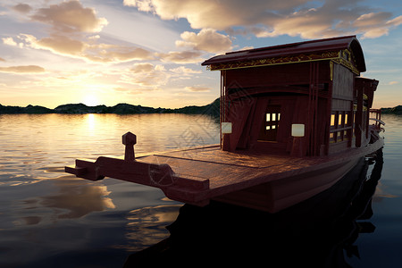 湖泊码头三维红船场景设计图片
