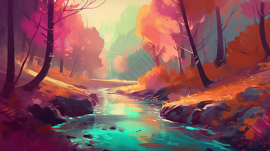 彩色水墨风树林河流图片