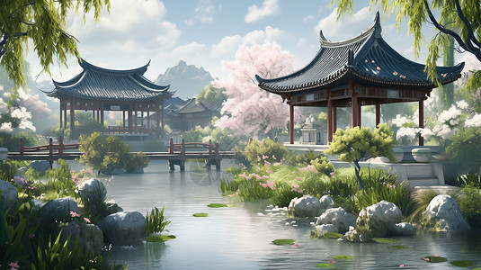 中式园林场景插画