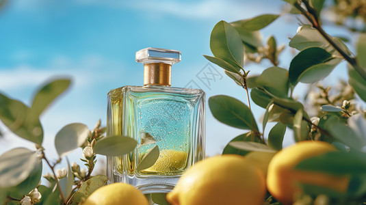 香水柠檬水果与玻璃瓶插画