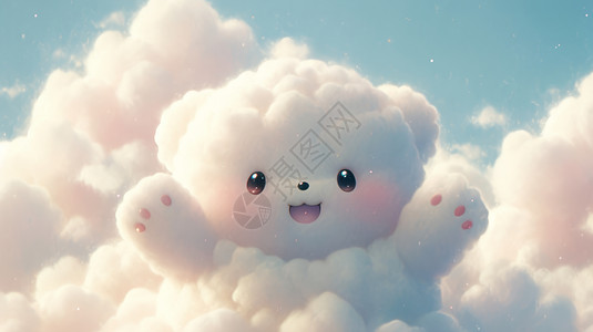 可爱的卡通小熊在云朵上开心打招呼图片
