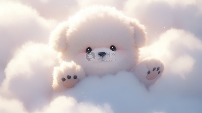 在云朵上的可爱白色萌萌卡通小狗图片