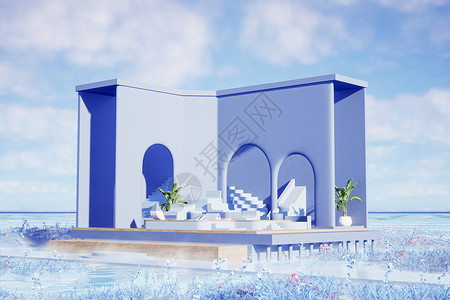 蓝色蘑菇3D梦幻产品展台场景设计图片