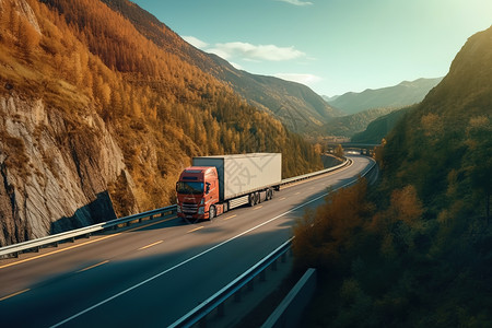 冷链仓储一辆货运卡车在高速公路上行驶插画