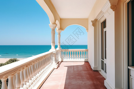 海滩俯瞰面向蓝色大海的舒适阳台插画