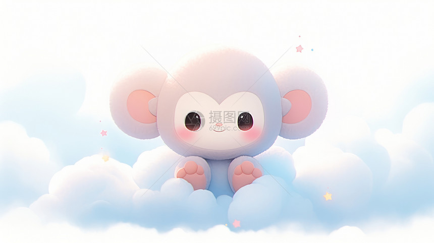 萌萌可爱的卡通小猴子在云朵上图片