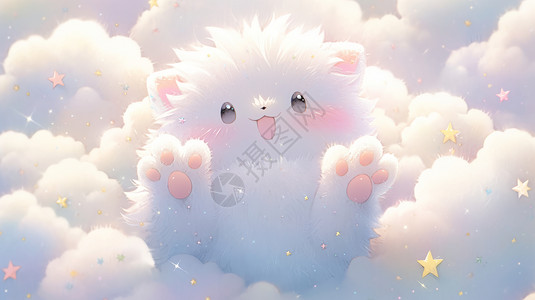 白色毛绒绒可爱的卡通猫在云朵上图片