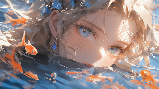 鱼在水里蓝色眼睛在水中与鱼嬉戏的漂亮卡通女孩插画