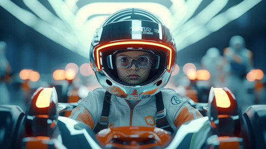 头戴科幻头盔坐在赛车里的赛车手背景图片