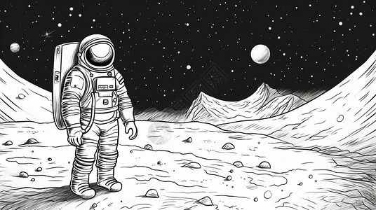 登陆太空登陆月球黑白插图插画
