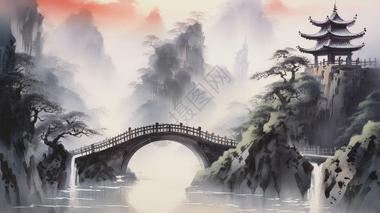 高桥水墨画在高山上一座古亭子与古桥插画