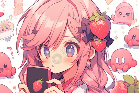 粉红草莓粉红色系夏日多巴胺玩手机色彩女孩插画