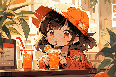 拿着橙汁饮料的多巴胺小女孩夏日插画高清图片