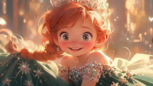 穿绿色裙子戴皇冠的可爱卡通小公主图片