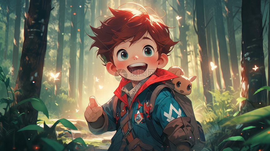 可爱的红色头发卡通小男孩在森林中看蝴蝶图片