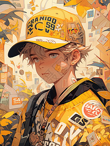 黄色系海报戴着棒球帽夏日多巴胺戴棒球帽男孩插画