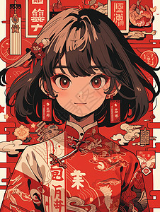 中国风旗袍红色系多巴胺配色小姑娘背景图片