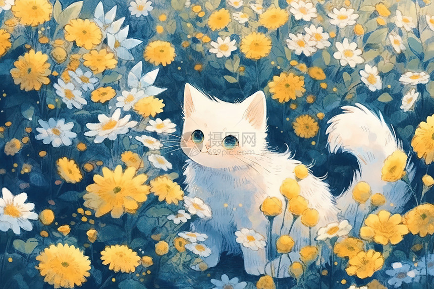 花丛中白色的猫水彩画图片