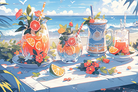 夏日海边缤纷的饮料图片