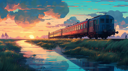 黄昏时分飞驰的列车图片