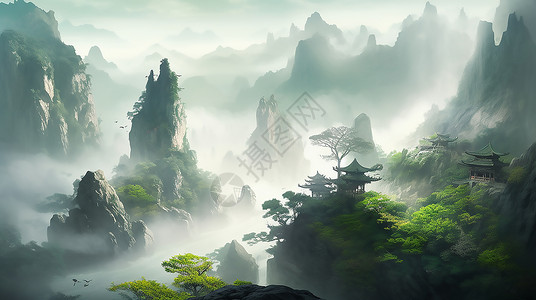 浓雾中的山谷风景背景图片
