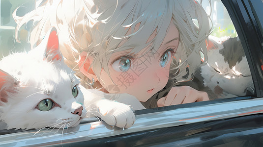 窗前的女孩和猫银色卷发可爱的小男孩与卡通白猫趴在车窗前插画