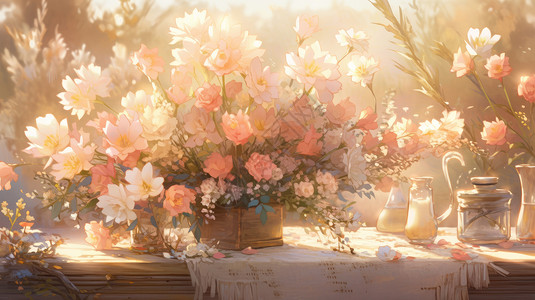 梦幻小清新卡通花朵放在复古桌子上背景图片