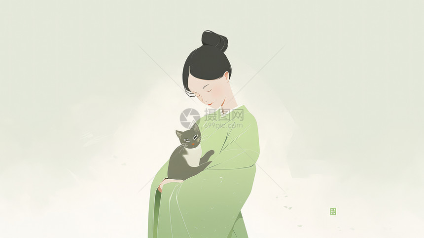 抱着宠物猫穿绿色古风衣服的卡通女孩图片