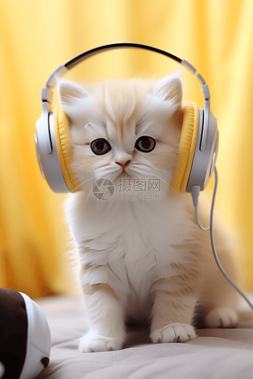 一只可爱戴耳机的猫图片