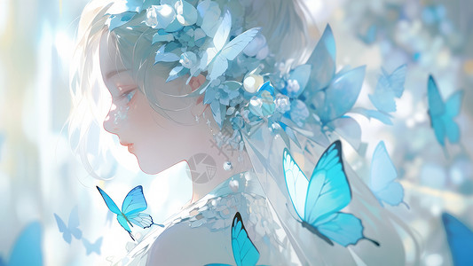 头戴蓝色花朵长发卡通女孩与蓝色蝴蝶图片