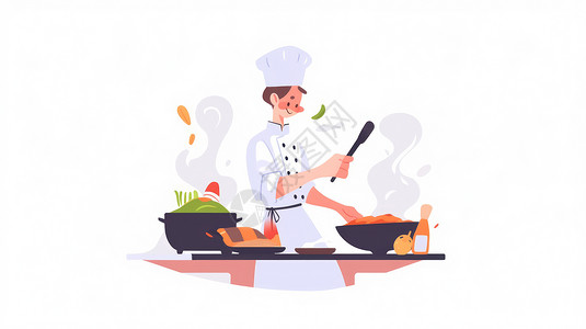 穿着厨师服装在做饭的卡通男人扁平风图片