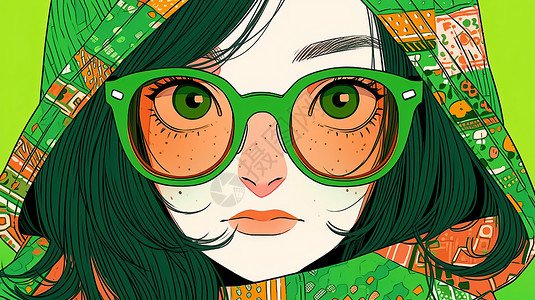 戴绿色眼镜的潮流卡通女孩图片