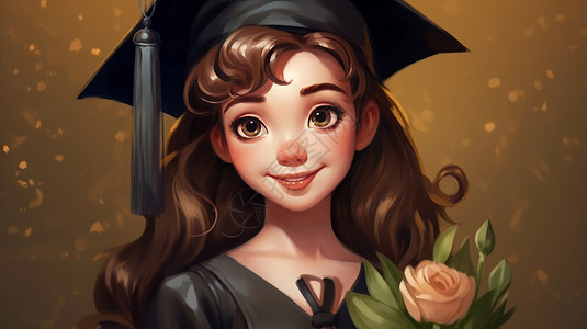 戴着学士帽抱着花朵开心笑毕业的卡通女孩图片
