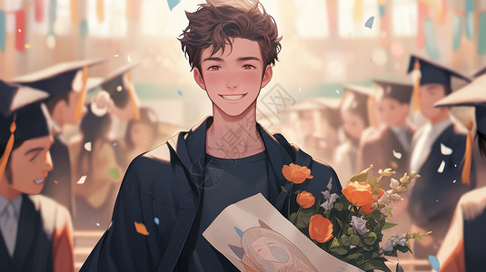 学生艺术帅气的阳光短发卡通男孩抱着花朵参加毕业典礼插画