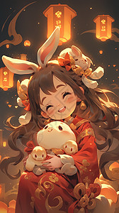 可爱的女孩抱着兔子中秋插画背景图片