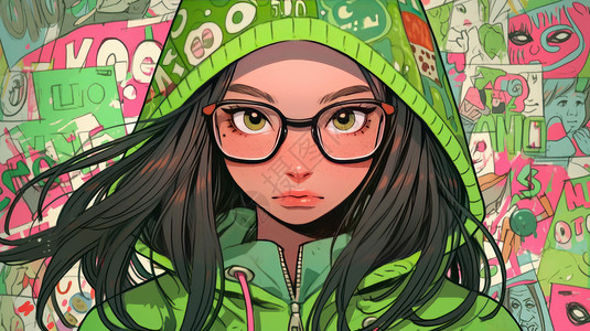 炫酷绿色穿绿色卫衣戴眼镜的长发时尚卡通女孩插画