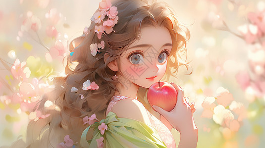 头戴粉色小花手拿苹果的可爱卡通小公主插画