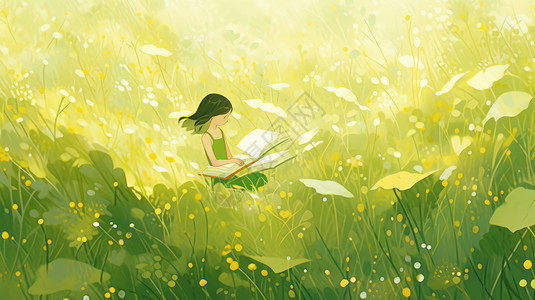 在野外草丛中看书的卡通小清新女孩背景图片