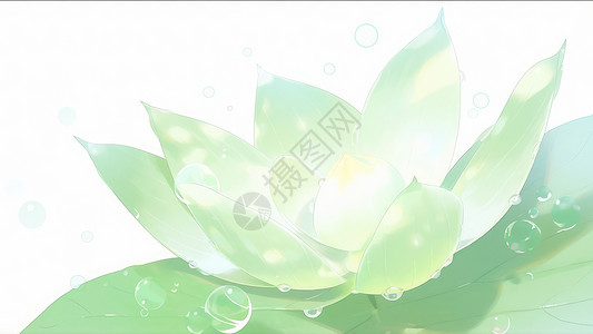 梦幻水滴与树叶小清新绿色漂亮的卡通大荷花插画
