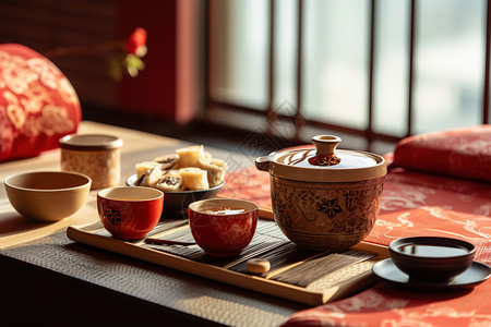 中式古典大床新中式传统中式下午茶插画