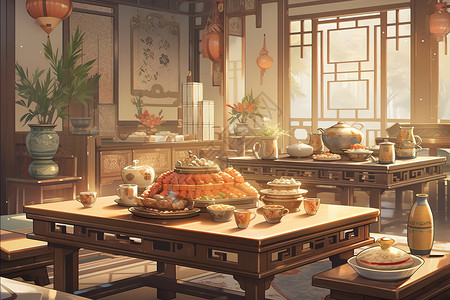 新中式传统下午茶漫画背景图片