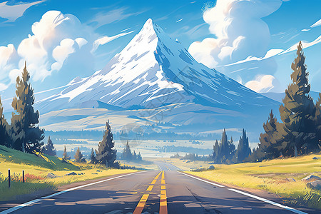 通往雪山的公路美丽景色小清新插画图片