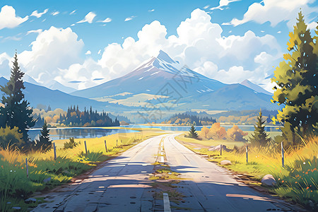 通往雪山的公路美丽景色唯美插画背景图片