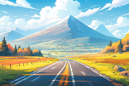 通往雪山的公路美丽夏日景色漫画背景图片