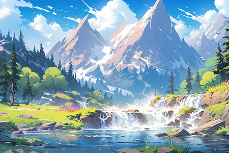 雪山下的河流瀑布流水漫画背景图片